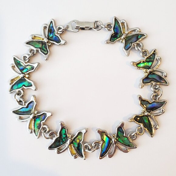 Abalone Butterfly Silver  Chain Link Bracelet Teal Green & Blue tones Boho Chic - Picture 1 of 5